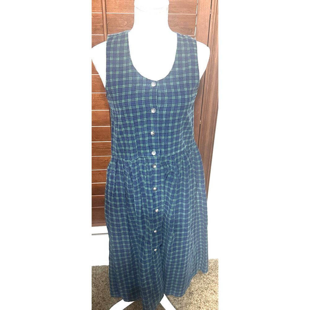 Bryn Connelly Corduroy Jumper Dress Sz 4P Tartan Plaid Navy green Midi VTG 80s